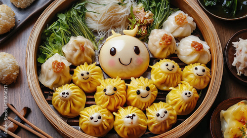 creative anime platter with dumplings shaped like cute animals. photo