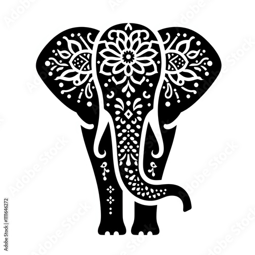 Decorative black elephant with floral patterns. photo