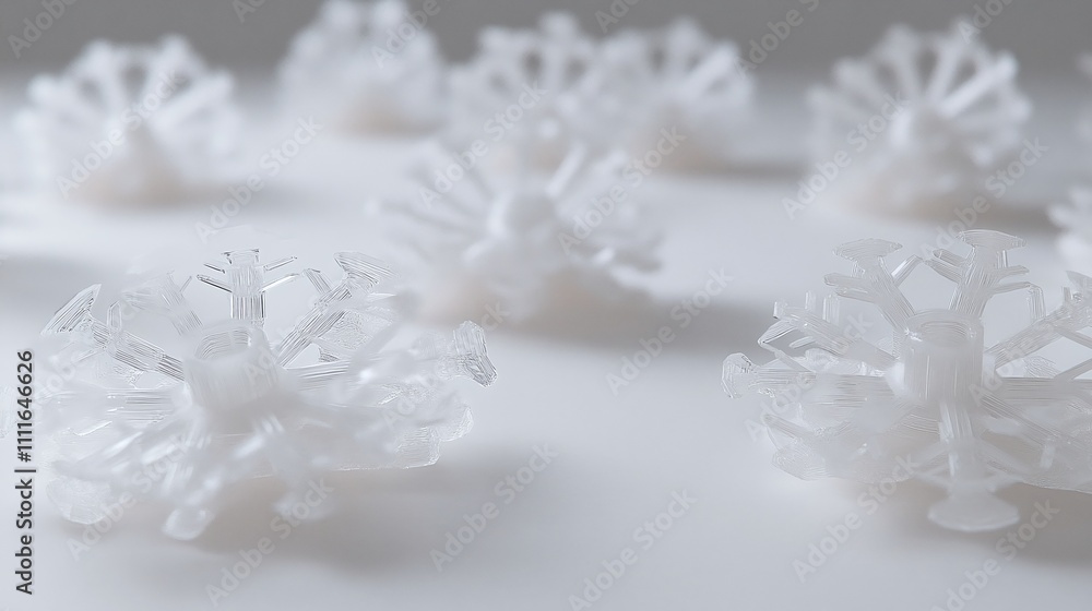 Crystalline structures in snowflakes creating kaleidoscopic arrangements rendered in pure white with prismatic highlights Crystalline structures in snowflakes creating kaleidoscopic arrangements rendered in pure white with prismatic highlights