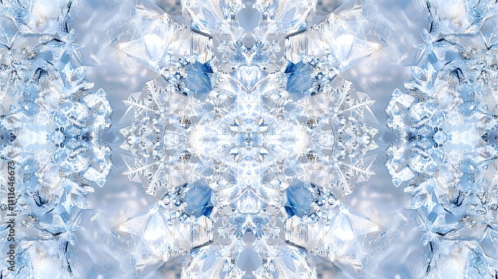 Crystalline structures in snowflakes creating kaleidoscopic arrangements rendered in pure white with prismatic highlights Crystalline structures in snowflakes creating kaleidoscopic arrangements rendered in pure white with prismatic highlights