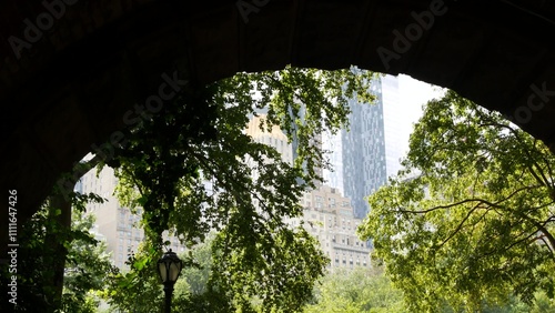 New York City Manhattan Midtown. Central park on 5th Fifth 5 avenue, USA. American landmark, urban public park in NYC, United States. Old historic arch, architecture and summer garden greenery. Tunnel photo