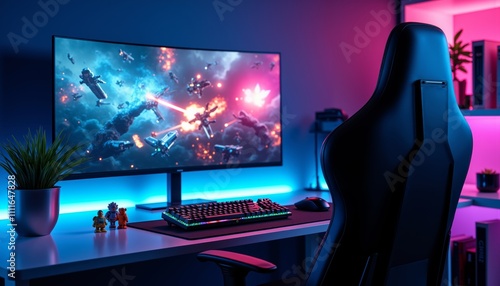 Modern Gaming Setup with Black Chair, LED Screen, and Colorful Decor photo