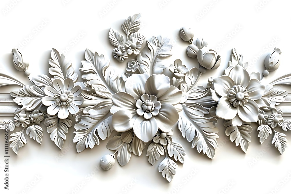 Elegant white 3D floral relief design, ornate flowers and leaves, seamless pattern. Elegant white 3D floral relief design, ornate flowers and leaves, seamless pattern.