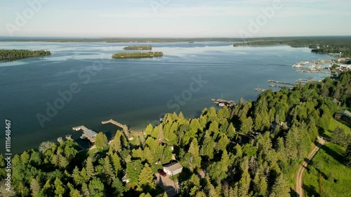 Aerial view of Hessel, Michigan with distant islands, Les Cheneaux Islands photo