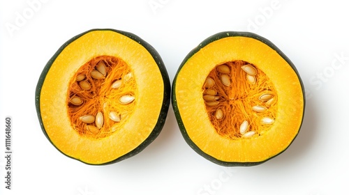 Two halves of an acorn squash, seeds visible. Perfect for autumnal recipes and healthy eating content.