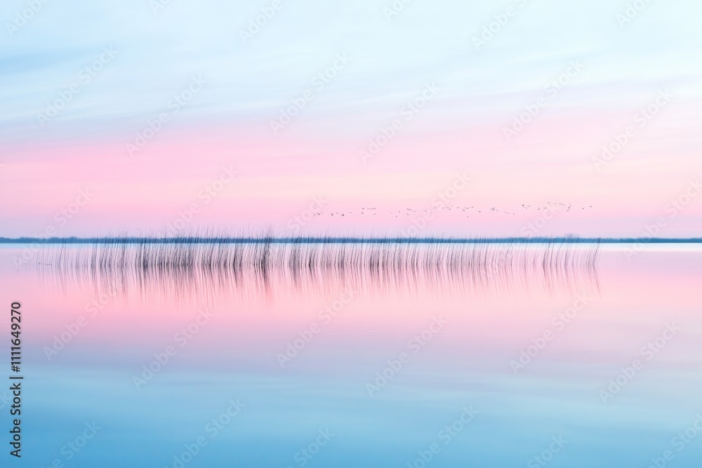 Fototapeta premium Serene Sunrise Over Tranquil Wetland with Reflective Water and Flocks of Birds in Flight