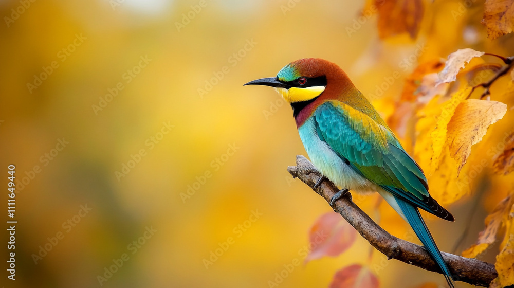 Colorful bird perched on branch among autumn leaves in vibrant forest setting Colorful bird perched on branch among autumn leaves in vibrant forest setting
