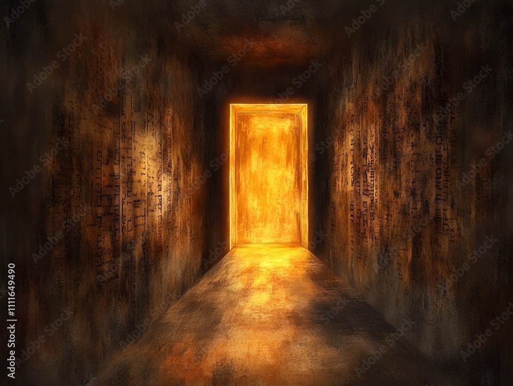Obraz premium A captivating view of an illuminated doorway at the end of a dimly lit corridor, evoking a sense of mystery and anticipation. The warm glow contrasts with the dark, textured walls.