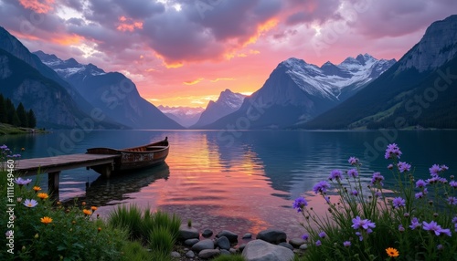 Serene dusk landscape with lake, dock, mountains, and wildflowers