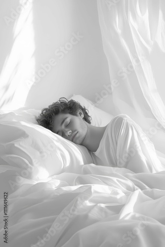 Young man sleeping soundly, white sheets, sunlit room.