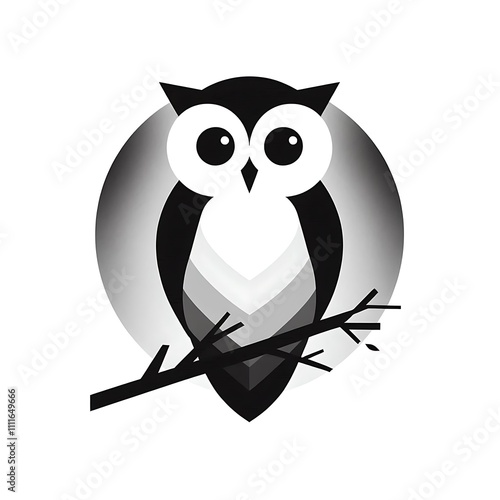 A stylized black and white owl on a branch. photo