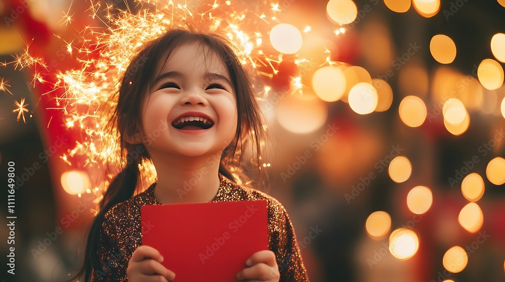 A joyful child holds a red card, surrounded by bright lights and sparkles, embodying the spirit of celebration and happiness A joyful child holds a red card, surrounded by bright lights and sparkles, embodying the spirit of celebration and happiness