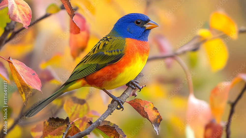 Obraz premium Colorful bird perched on a branch among vibrant autumn leaves in a natural setting