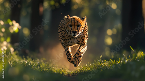 A cheetah running in the grass towards the camera