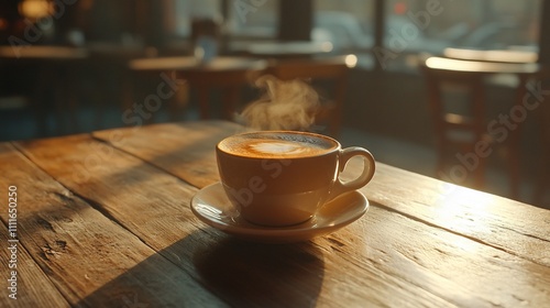 Steaming latte art in a coffee cup on rustic wooden table in cafe.