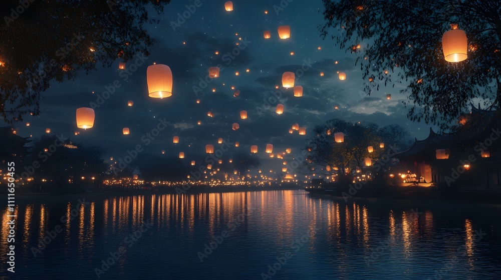 A serene night scene illuminated by floating lanterns over a tranquil river, creating a magical atmosphere of peace and celebration. Perfect for capturing moments of reflection. A serene night scene illuminated by floating lanterns over a tranquil river, creating a magical atmosphere of peace and celebration. Perfect for capturing moments of reflection.