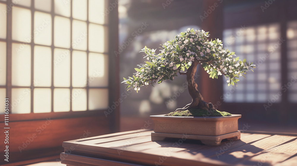 serene anime-style room with a bonsai tree placed on a small wooden table. serene anime-style room with a bonsai tree placed on a small wooden table.