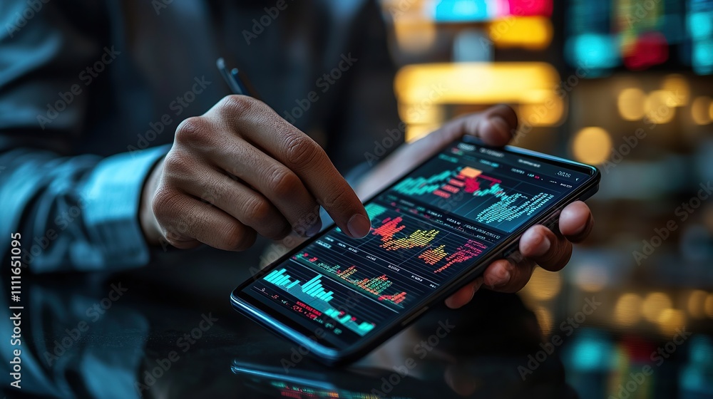 A person analyzing financial data on a smartphone screen with charts. A person analyzing financial data on a smartphone screen with charts.