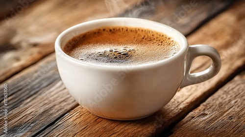 Steaming cup of coffee on rustic wooden table.