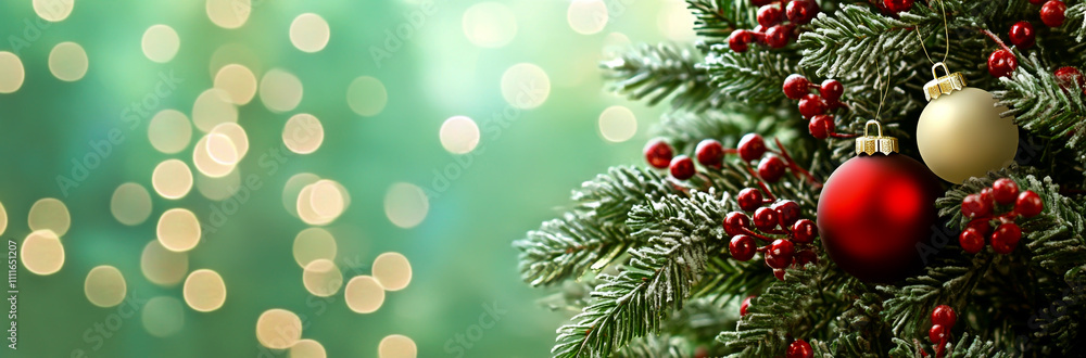 Christmas tree with red and white ornaments on green background with bokeh lights banner Christmas tree with red and white ornaments on green background with bokeh lights banner