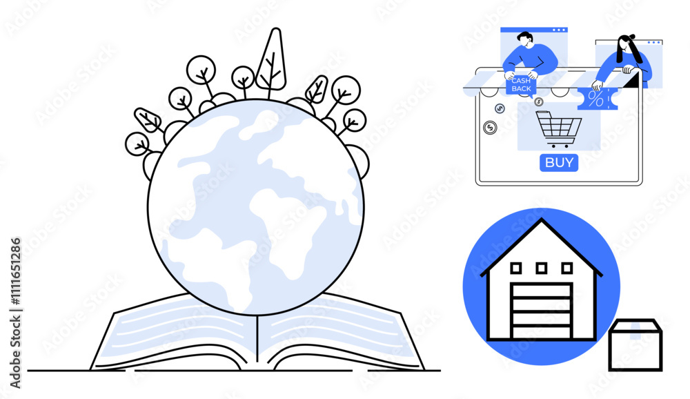 Open book with globe, e-commerce screen with buy button, two people shopping, and warehouse graphic. Ideal for e-commerce, logistics, global trade, online shopping, education sustainability Open book with globe, e-commerce screen with buy button, two people shopping, and warehouse graphic. Ideal for e-commerce, logistics, global trade, online shopping, education sustainability