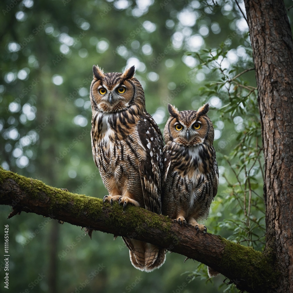 A pair of owls sitting on a tree branch overlooking a peaceful forest clearing. A pair of owls sitting on a tree branch overlooking a peaceful forest clearing.