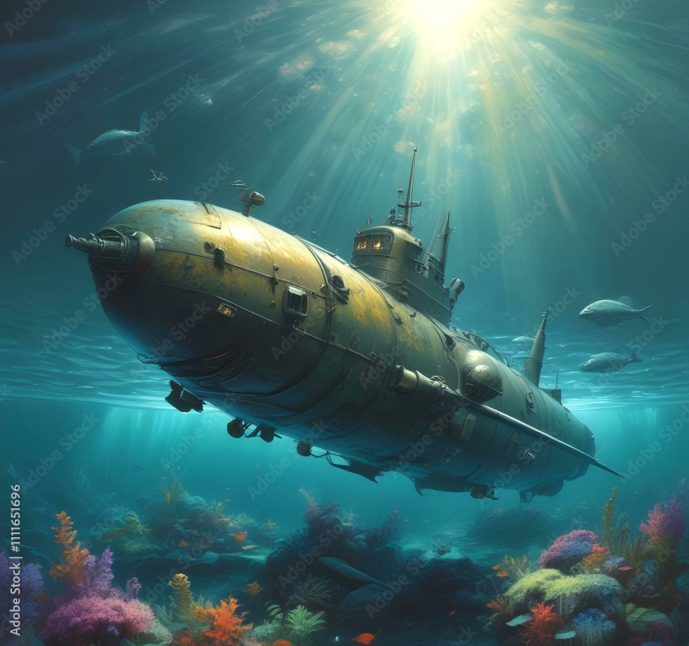 Illustration of submarine in deep ocean water. Illustration of submarine in deep ocean water.