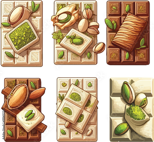 Print Set of various Dubai chocolate with pistachio and kataifi dough. White and milk chocolate with pistachio paste filling. Vector illustration of trending pistachio chocolate bars green filling fla
