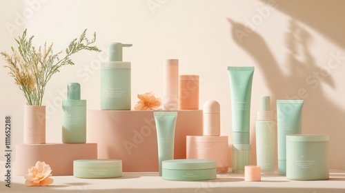 Eye-catching product shots with a clean backdrop. Multiple bottles, tubes, and jars in soft pastel colors. Sleek packaging and high-quality textures showcase the products beautifully