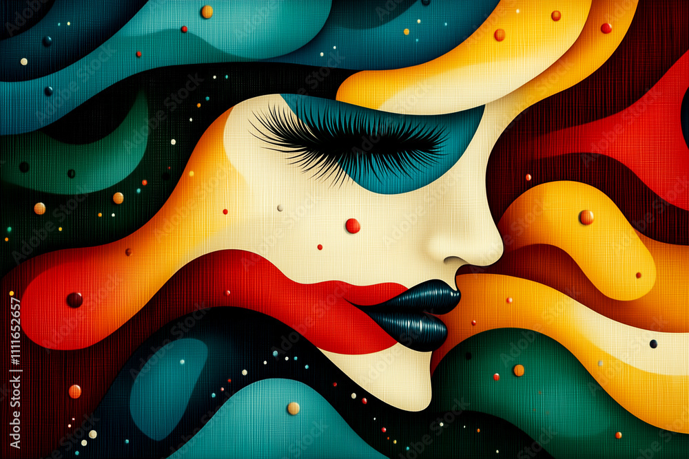 A colorful painting of a woman's face with a blue lip. The painting is abstract and has a lot of different colors A colorful painting of a woman's face with a blue lip. The painting is abstract and has a lot of different colors