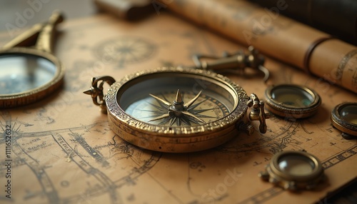 Vintage Brass Compass on Weathered Leather Map with Navigation Tools photo