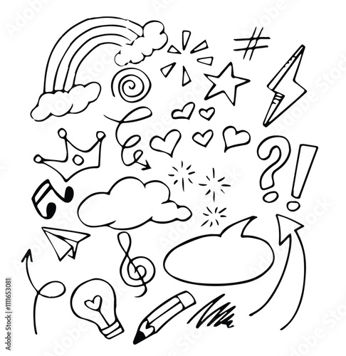Abstract arrows, ribbons, crowns, hearts, explosions and other elements in hand drawn style for concept design. Doodle illustration.