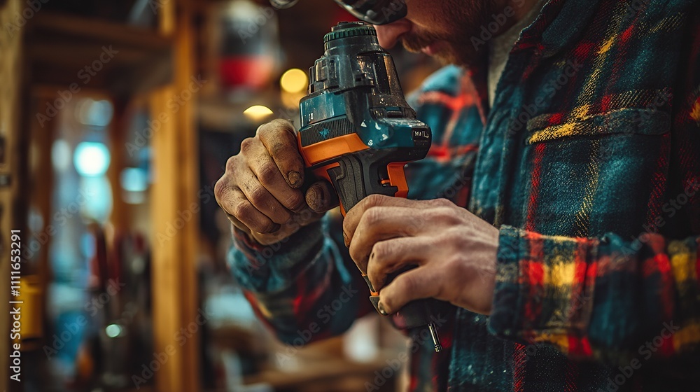 A person using a power tool in a workshop setting. A person using a power tool in a workshop setting.