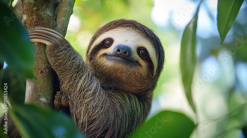 A closeup shot of a Sloths on a tree with the green leaves around in Manuel Antonio National Park, Costa Rica