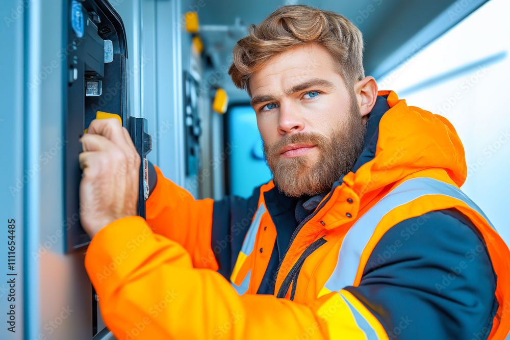 Worker in orange safety vest engaged in electrical maintenance at a facility during daytime hours Worker in orange safety vest engaged in electrical maintenance at a facility during daytime hours