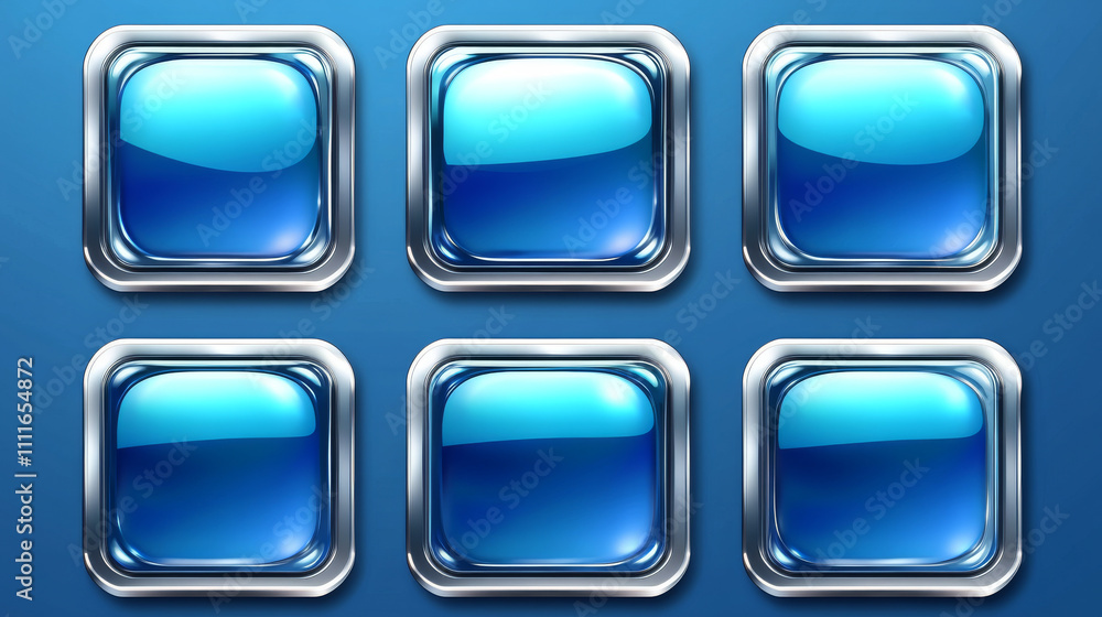 Blue buttons with silver decorative frames for rpg game interface. Vector cartoon set of square award badges, glossy achievement labels with fantasy metal borders isolated on background Blue buttons with silver decorative frames for rpg game interface. Vector cartoon set of square award badges, glossy achievement labels with fantasy metal borders isolated on background