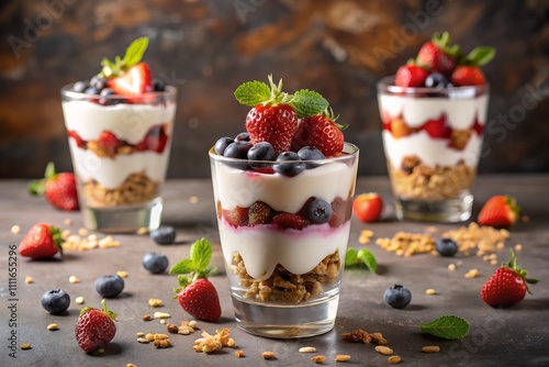 Berry parfaits in clear glasses with layered yogurt and granola spinning mid-air