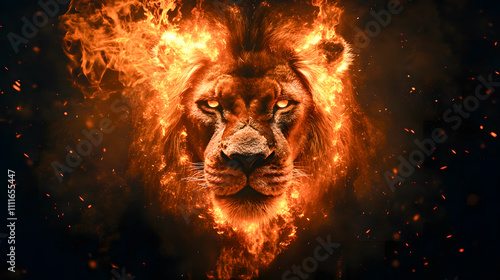 Portrait depicting the Lion King on fire on a black background. digital art