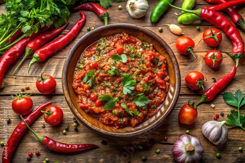 A spicy acılı ezme wallpaper with crushed tomatoes, peppers, and fresh herbs, set against a rustic Mediterranean table. photo