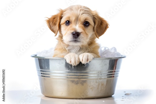 Wet puppy sits in soapy pail on white background, bath time. photo