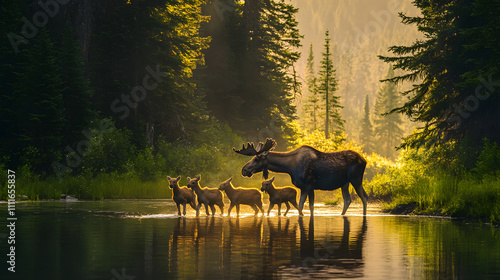 A cow moose leading her young calves away just perhaps days after giving birth to them. photo