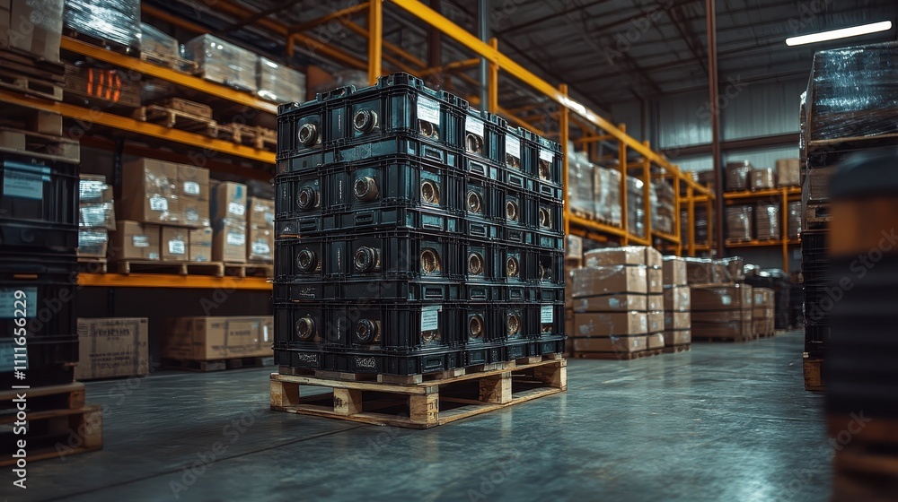 Stacked plastic crates on a wooden pallet in a warehouse. Illustrates efficient storage and logistics in a distribution center. Stacked plastic crates on a wooden pallet in a warehouse. Illustrates efficient storage and logistics in a distribution center.