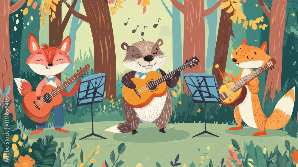 Cute animal band play on music instrument cartoon. Child illustration with funny musician orchestra. Beaver with guitar, singing cock, fox with flute, snake with maracas for woodland performance icon