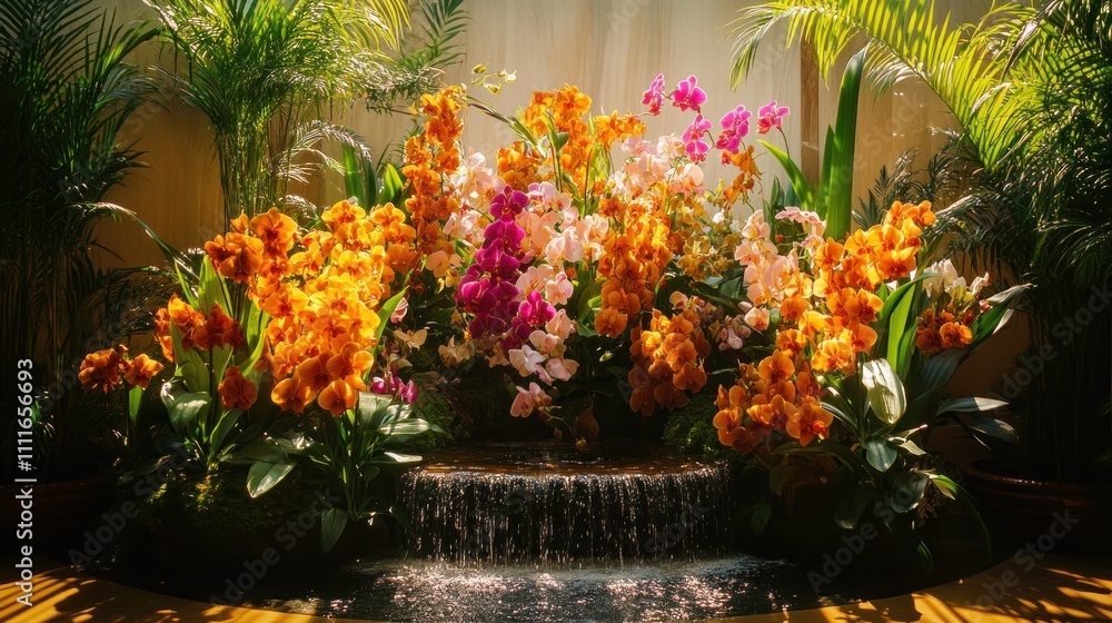 Vibrant orchids in full bloom arranged around a small waterfall, bathed in sunlight. Vibrant orchids in full bloom arranged around a small waterfall, bathed in sunlight.