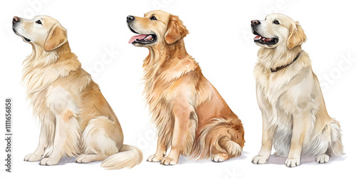 Golden retriever dog  watercolor set painting drawing cut out isolated on white background