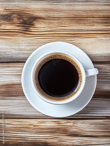 Top View of a Freshly Brewed Cup of Black Coffee on a Rustic Wooden Table Background.