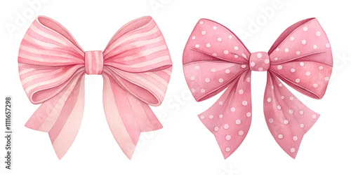 pink bow watercolor set painting drawing cut out isolated on white background