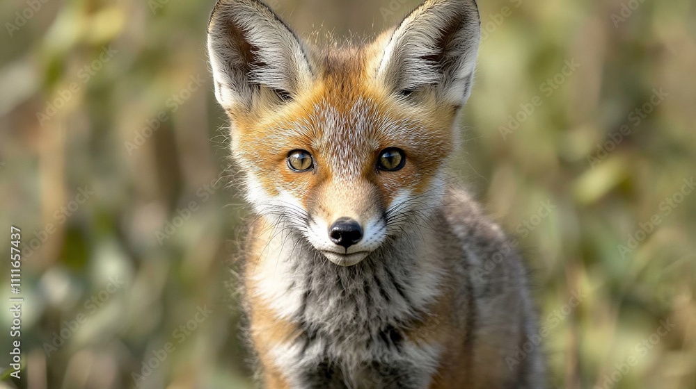 Close-up portrait of a young red fox looking directly at the camera, in a natural outdoor setting. Close-up portrait of a young red fox looking directly at the camera, in a natural outdoor setting.