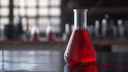 3d chemistry laboratory experimental flask isolated vector. Science medical lab glass set for test with red water illustration design. Pharmacy fluid medicine realistic measuring bottle with reaction photo