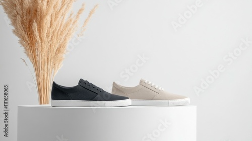 Minimalist shoes display on white podium. photo